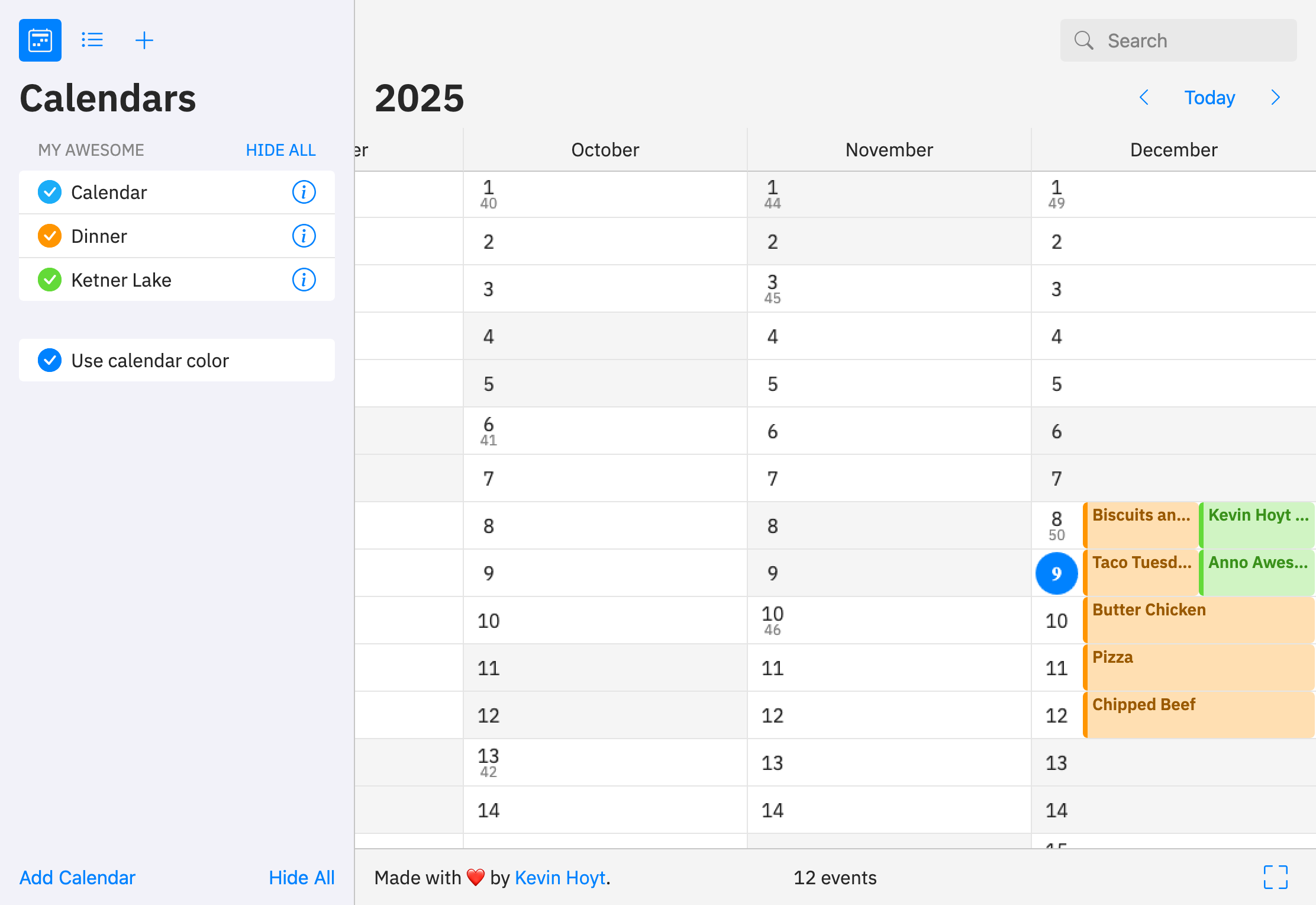 Anno Awesome year view showing multiple calendars with events displayed across October, November, and December 2025